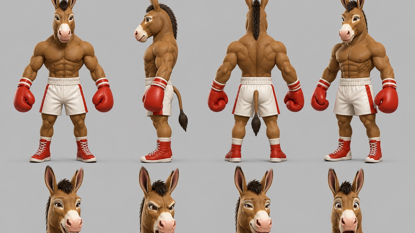 Front, side, rear and expression views for the hero donkey boxer