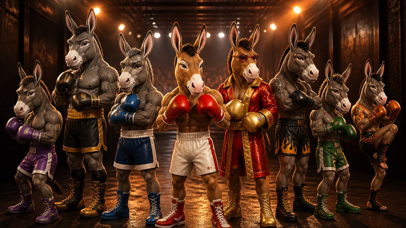Eight original cartoon donkey boxers lined up in an arena tunnel