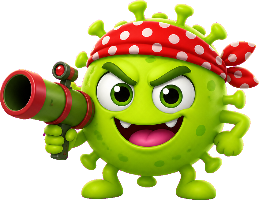 GERMS mascot with bandana and bazooka