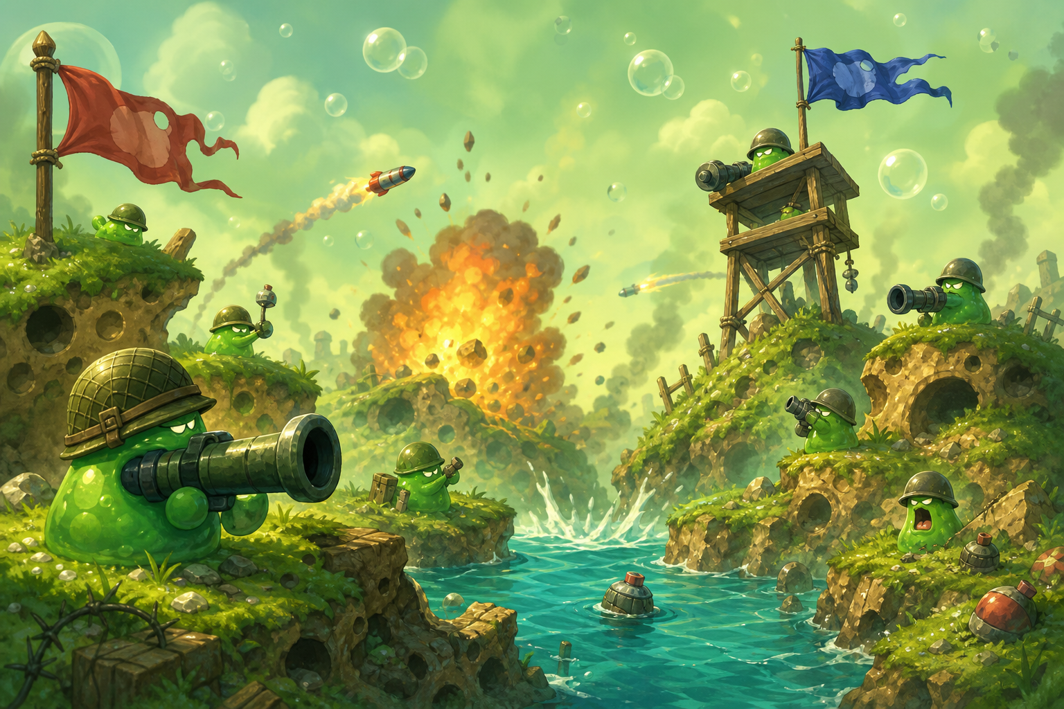 Island battlefield with germ soldiers and an explosion