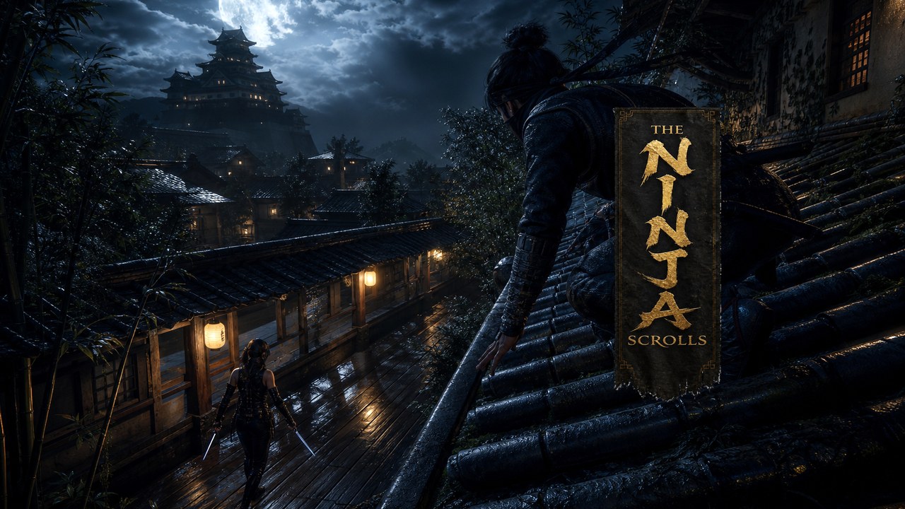 Key art: a shinobi on a rooftop above a lantern-lit village