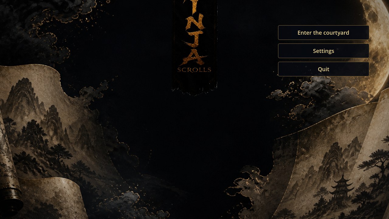 The Ninja Scrolls title screen with a hanging banner and a katana