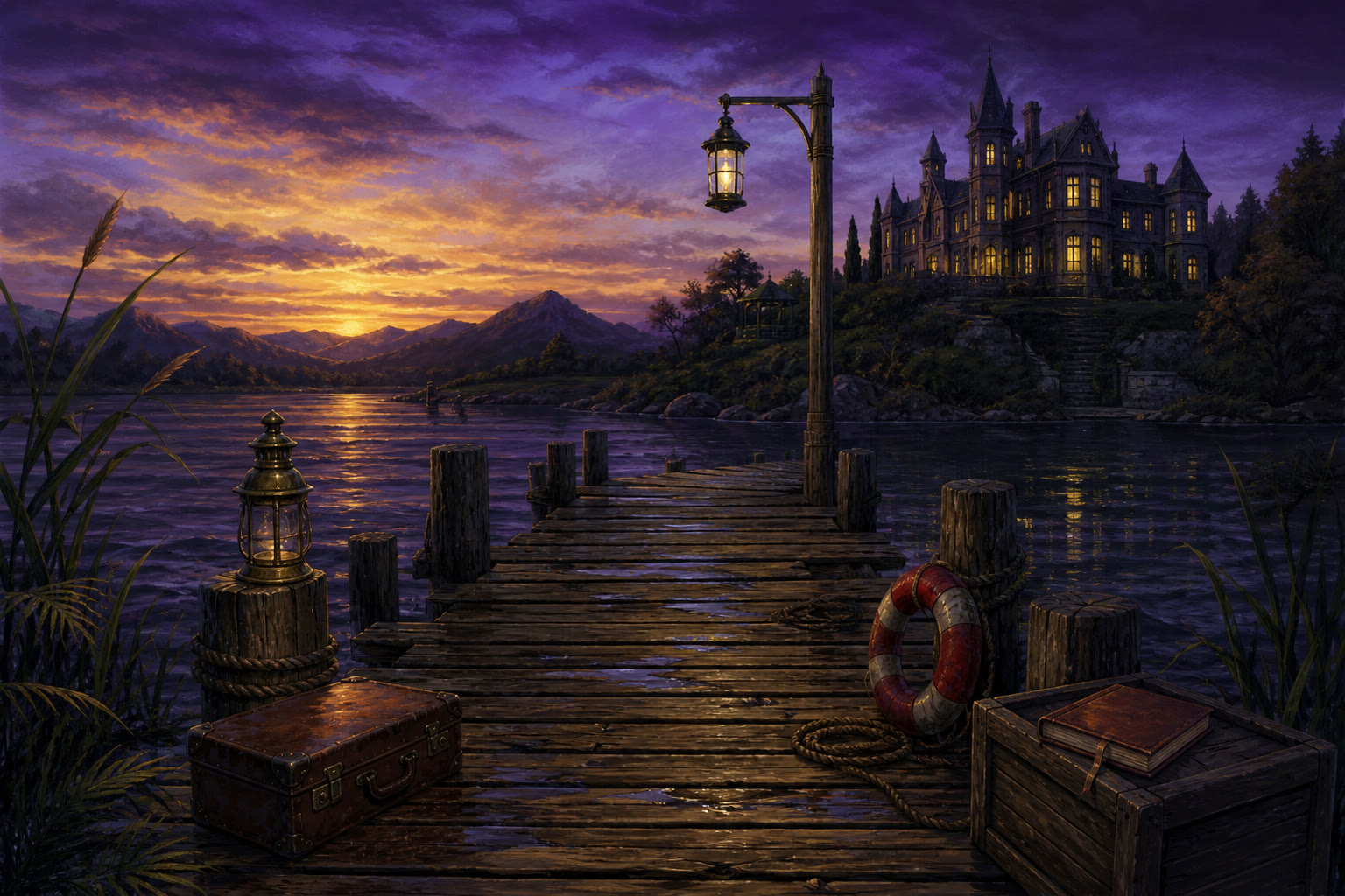 The landing stage at dusk, rope and lantern on wet boards